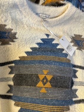 Simply Southern Cream Aztec Fuzzy Pullover with Blue, Gray & Mustard Accents